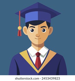 Portrait of a young graduate in graduation dress and hat. Flat vector illustration