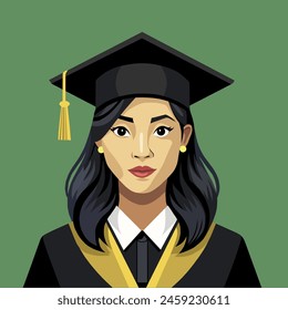 Portrait of a young graduate in graduation dress and hat. Flat vector illustration