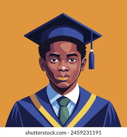 Retrato de un joven graduado en vestido de graduación y sombrero. Ilustración vectorial plana