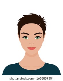 Portrait of a young green-eyed European girl  with short brown hair with a smile on her face. Vector flat stock illustration, avatar on a transparent background