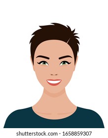 Portrait of a young green-eyed European girl  with short brown hair with a smile on her face. Vector flat stock illustration, avatar on a transparent background