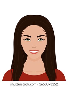 Portrait of a young green-eyed European girl with long brown hair and a smile on her face. Vector flat stock illustration on a transparent background