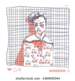 Portrait of a young guy in a cherry print shirt