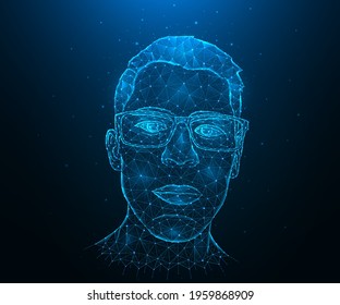 Portrait of a young guy with glasses. Cyber human.