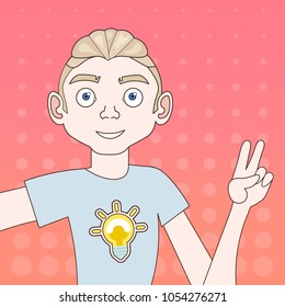 Portrait Of Young Guy Making Selfie Photo On Smart Phone Over Colorful Background