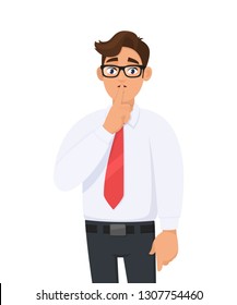 Portrait of young handsome businessman making shh gesture, keeping secret or asking silence with finger on lips. Keep quiet! Shh! Silence please! against white background in cartoon illustration.