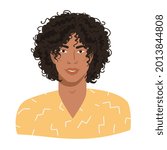 Portrait of a young handsome guy with afro hairstyle. Latino guy. Avatar of metis smiling man with dark skin in a bright yellow modern outfit. Vector portrait in cartoon style isolated on white