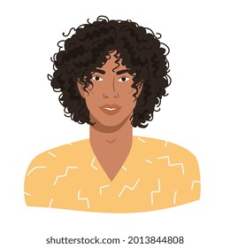 Portrait of a young handsome guy with afro hairstyle. Latino guy. Avatar of metis smiling man with dark skin in a bright yellow modern outfit. Vector portrait in cartoon style isolated on white svg