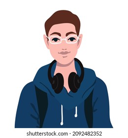Portrait of a young handsome guy in glasses with black headphones.Flat vector graphics.
