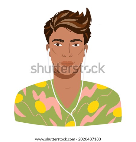 Portrait of a young handsome latino guy with earphones. Avatar of metis man with semi dark skin in a bright trendy modern outfit. Male vector portrait in cartoon style isolated on white