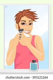 Portrait of young handsome man shaving