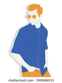 Portrait of a young handsome man wearing casual outfit and glasses posing on white background, flat illustration