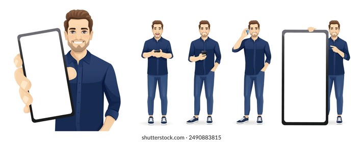 Portrait of young handsome man wearing blue shirt and jeans holding mobile phone, talking, texting and showing empty screen isolated set vector illustration