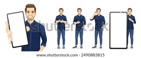 Portrait of young handsome man wearing blue shirt and jeans holding mobile phone, talking, texting and showing empty screen isolated set vector illustration