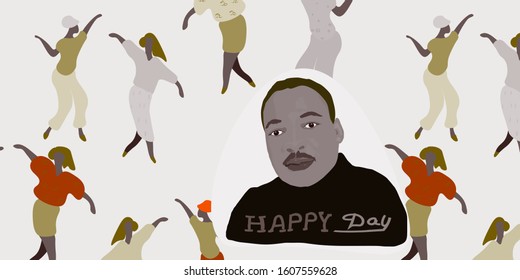 Portrait of a young handsome man.Against the background of dancing dark-skinned women.Vector illustration 
