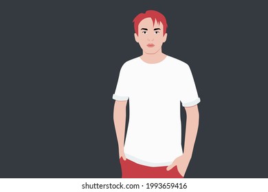 Portrait of a young handsome red-haired man holding his hands in his pockets on a dark background. Vector illustration