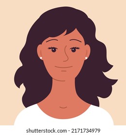 Portrait of young happy beautiful woman. A welcoming smile on your face. Brunette hair. Avatar female consultant. Flat vector isolated illustration