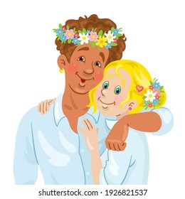 Portrait of a young happy couple of man and woman in flower wreaths. In cartoon style. Isolated on white background. Vector illustration. Couple in love.