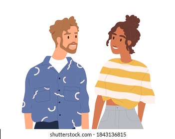 Portrait of young happy couple standing together. Man and woman looking at each other with love. Smiling trendy male and female characters isolated on white. Flat vector cartoon illustration