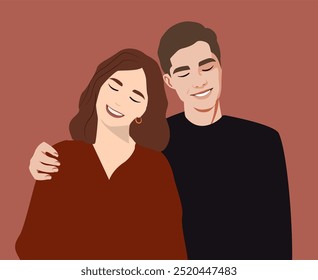 Retrato de pareja feliz joven de pie juntos. Hombre y mujer mirándose con amor. Personajes masculinos y femeninos de moda sonrientes aislados en blanco. Ilustración de dibujos animados de Vector plano