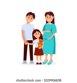 Portrait of young happy family father, mother and daughter. Pregnant woman. Cartoon people expecting baby born. Little girl holding teddy bear in hand. Flat vector design