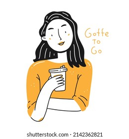 Retrato de una joven feliz con una taza de café y el café con la inscripción con usted en un simple doodle lineal. Ilustración aislada del vector.