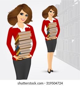 portrait of young happy librarian holding stack of books