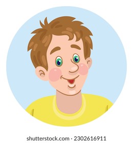 Portrait of a young happy man. Avatar icon in the circle. In cartoon style. Isolated on white background. Vector flat illustration