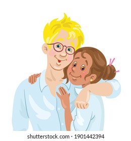 Portrait of a young happy multicultural couple of man and woman. In cartoon style. Isolated on white background. Vector flat illustration