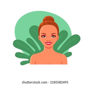 Portrait Of Young Happy Woman On Leaves Background. Female Character For Illustration Of Cosmetology Services, Clinics, Women's Health, Skin Care, Spa. Vector Cartoon Avatar Of Smiling Girl