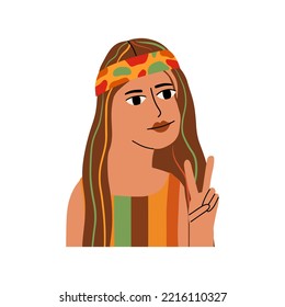 Portrait of a young hippie girl. Character 60s, 70s. Vector illustration in flat style