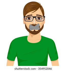 portrait of young hipster man with glasses silenced with mouth covered with grey duct tape isolated over white background