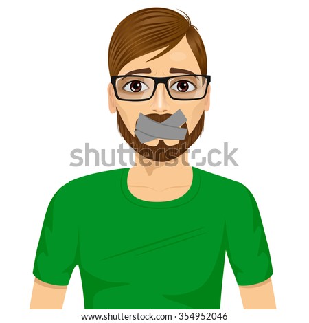 portrait of young hipster man with glasses silenced with mouth covered with grey duct tape isolated over white background