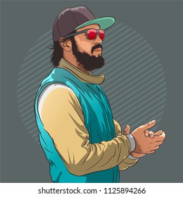 Portrait of young hipster man in sunglasses and hat. Vector illustration