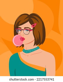 Portrait of young hipster woman with bubble gum. Attractive girl portrait, social media avatar. 