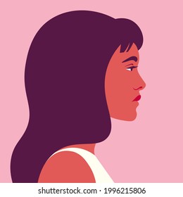 Portrait of a young Hispanic woman in profile. The head is on the side. Diversity. Avatar. Vector flat illustration