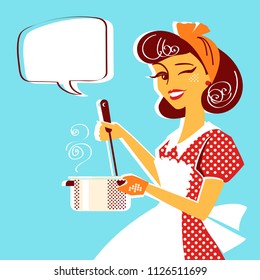 Portrait of Young housewife in red retro dress cooking soup in her kitchen room.Vector illustration