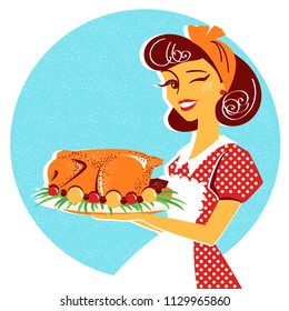 Portrait of Young housewife in red retro dress hold roasted chicken in her kitchen .Vector illustration isolated on white