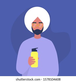A portrait of a young indian male character drinking water from a metal reusable flask, heathy eco habits