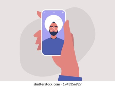 A portrait of a young indian male character on a mobile screen, millennial lifestyle, gadgets, online video call