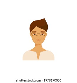 Portrait of young indian man in white tie. Brown eyes. Fun mood. Flat cartoon character isolated on a white background. Vector illustration.