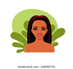 Portrait Of Young Indian Woman On Leaves Background. Female Character For Illustration Of Cosmetology Services, Clinics, Women's Health, Skin Care, Spa. Vector Cartoon Avatar Of Happy Girl