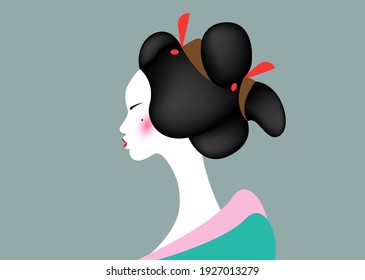 portrait of the young Japanese girl an ancient hairstyle. Geisha, maiko, princess. Traditional Asian woman style. Print, poster, t-shirt, card. Vector illustration isolated on old green background