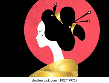 portrait of the young Japanese girl ancient hairstyle. Geisha, maiko, princess. Traditional Asian woman style. Print, poster, t-shirt, card. Vector illustration isolated on red moon, black background