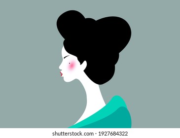 portrait of the young Japanese girl an ancient hairstyle. Geisha, maiko, princess. Traditional Asian woman style. Print, poster, t-shirt, card. Vector illustration isolated on old green background