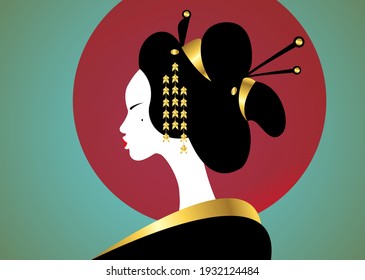 portrait of the young Japanese girl ancient hairstyle. Geisha, maiko, princess. Traditional Asian woman style. Print, poster, t-shirt, card. Vector illustration isolated on red moon vintage background