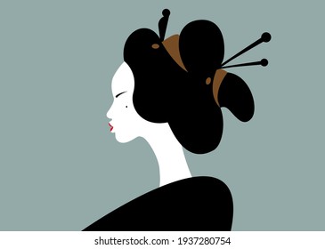 portrait of the young Japanese girl an ancient hairstyle. Geisha, maiko, princess. Traditional Asian woman style. Print, poster, t-shirt, card. Vector illustration isolated on old green background