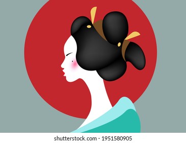 portrait of the young Japanese girl ancient hairstyle. Geisha, maiko, princess. Traditional Asian woman style. Print, poster, t-shirt, card. Vector illustration isolated on red sun vintage background