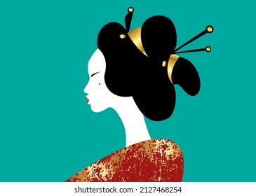 portrait of the young Japanese girl ancient hairstyle. Geisha, maiko, princess. Traditional Asian woman style. Print, poster, t shirt, card. Vector illustration isolated on green vintage background