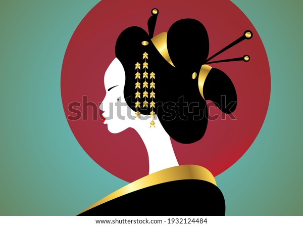 portrait of the young Japanese girl ancient\
hairstyle. Geisha, maiko, princess. Traditional Asian woman style.\
Print, poster, t-shirt, card. Vector illustration isolated on red\
moon vintage\
background